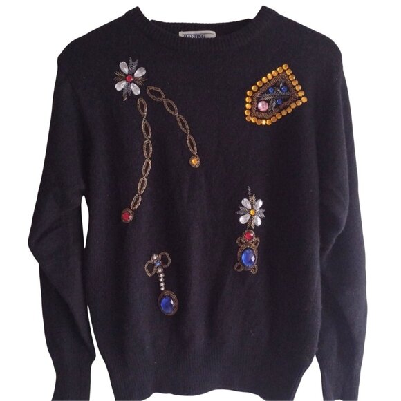Vintage Embellished Wool Sweater M Hasting Smith Black Jeweled Crewneck Pullover - Picture 7 of 7